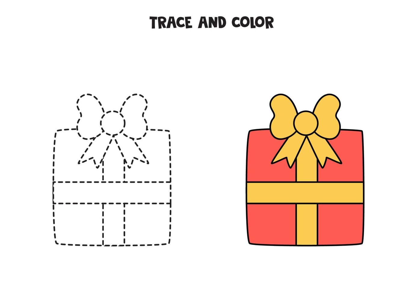 Spur und Farbe rote Geschenkbox. Arbeitsblatt für Kinder. vektor