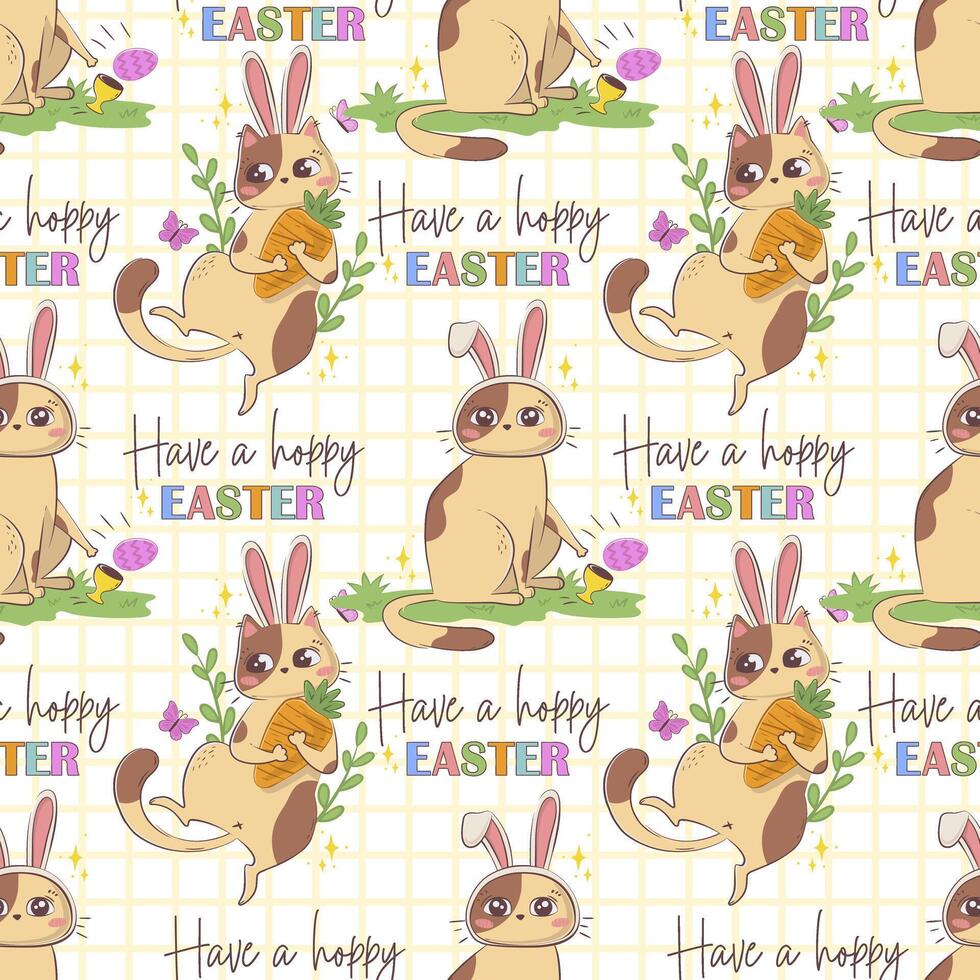 nahtlos Muster mit ein Karikatur Katze mit Hase Ohren und das Wortspiel Inschrift haben ein hopfenreich Ostern isoliert auf ein Pastell- Hintergrund. vektor