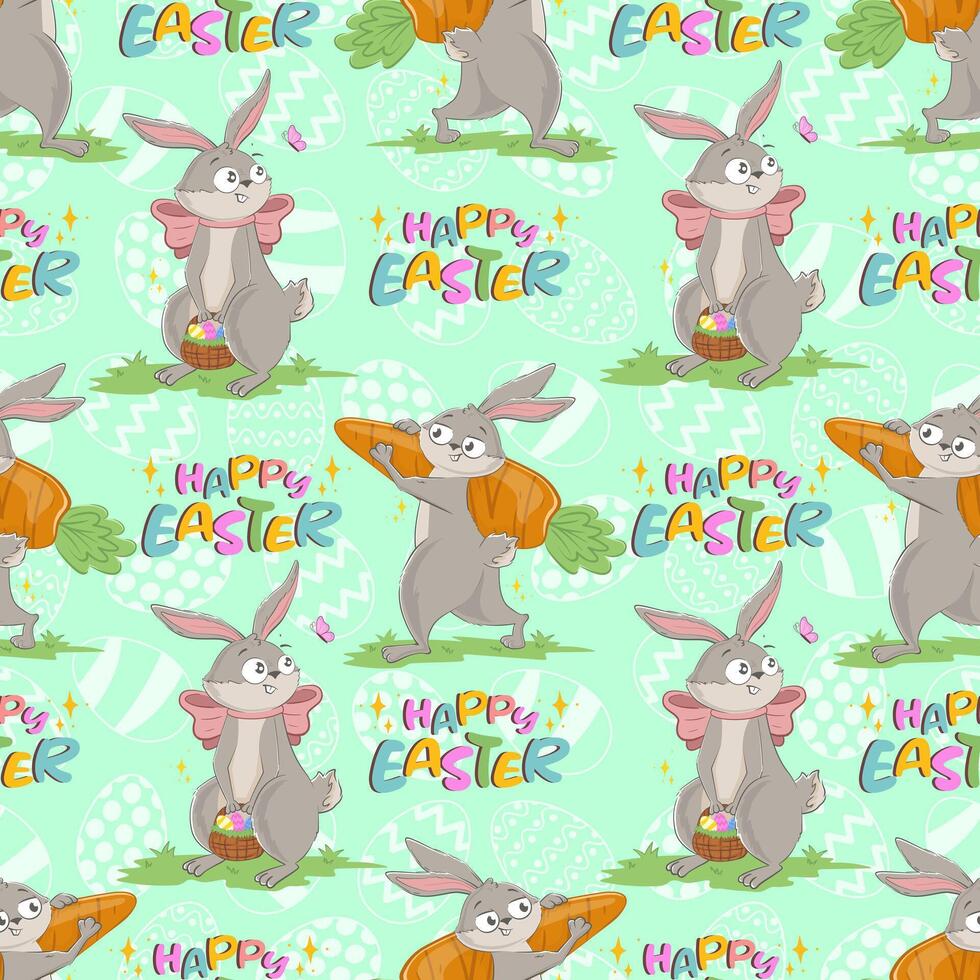 sömlös mönster med rolig glad kaniner med korg av påsk ägg, enorm morot och Lycklig påsk inskrift. vår karaktär omslag papper redo upprepa mall. vektor