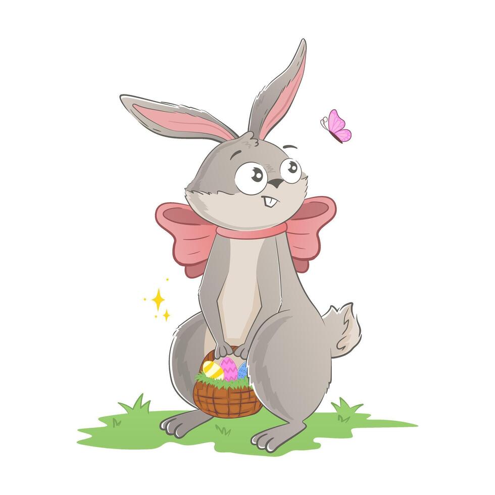 komisch Ostern Hase halten ein Korb von Eier auf das Rasen. Urlaub Gekritzel Charakter isoliert auf Weiß Hintergrund vektor