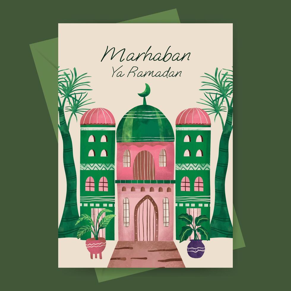 islamic hälsning kort med moské och växt illustration för ramadan eid mubarak islamic dag. vektor