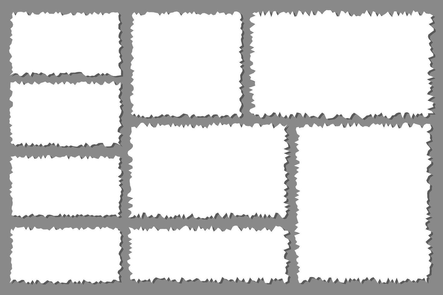 Stücke von zerrissen Weiß Hinweis Papier anders Formen isoliert auf grau Hintergrund realistisch Vektor Illustration, Notizblock zerrissen Papier zum Botschaft Notiz, Seite oder Banner und Karton leer zerrissen Stück Streifen