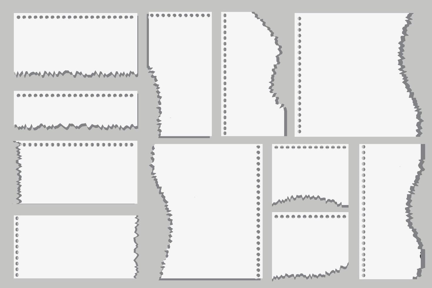bitar av trasig vit notera papper annorlunda former isolerat på grå bakgrund realistisk vektor illustration, anteckningsblock trasig papper för meddelande notera, sida eller baner och kartong tom rev bit remsor