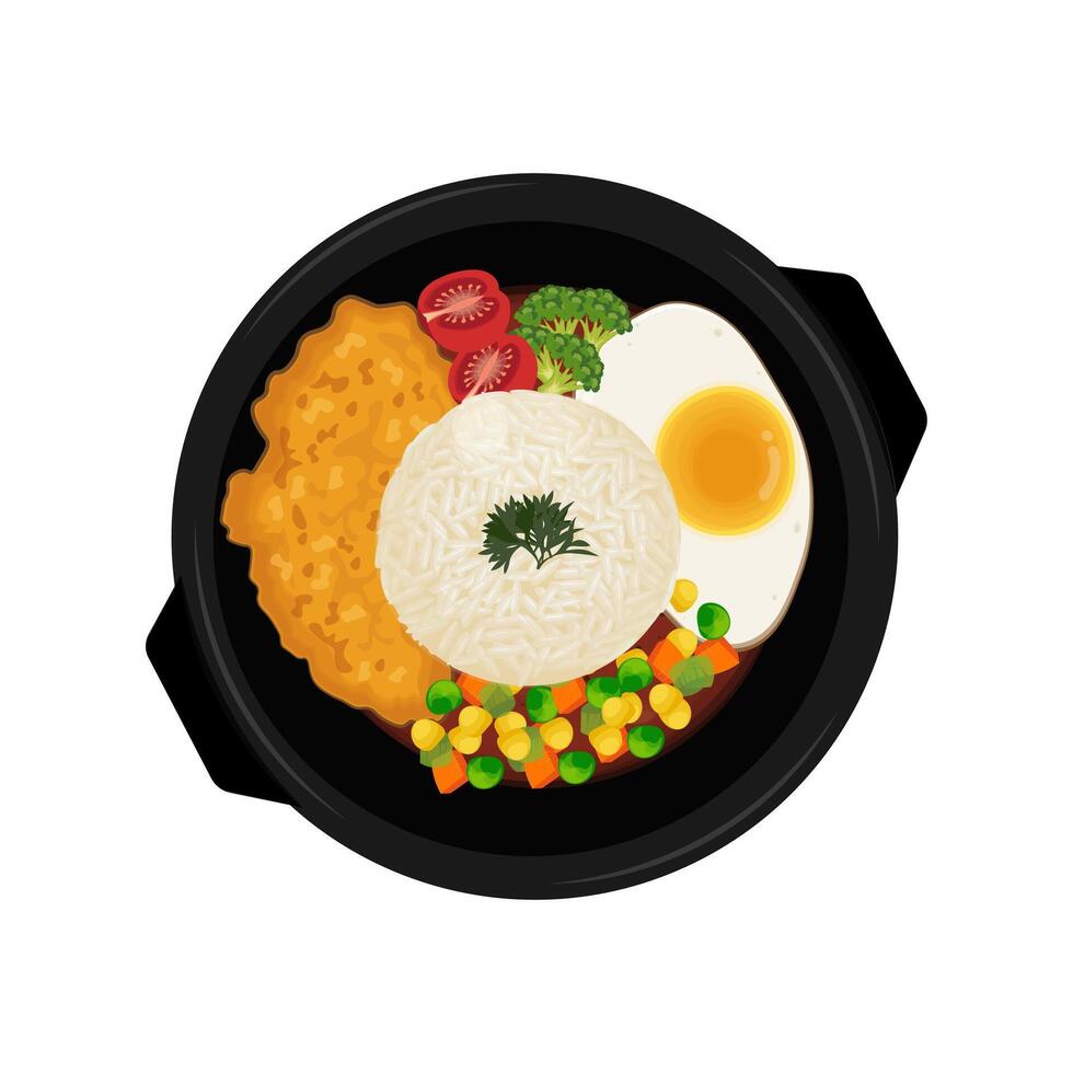 vektor illustration logotyp Krispig kyckling biff med grönsaker och ris