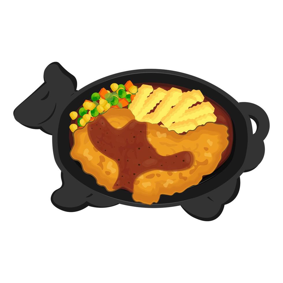 vektor illustration logotyp Krispig kyckling biff med svart peppar sås friterad potatisar och grönsaker på en varm tallrik