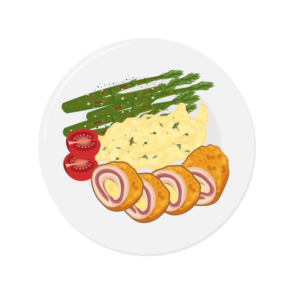 Vektor Illustration Logo Kordon bleu mit Spargel Gemüse und püriert Kartoffeln