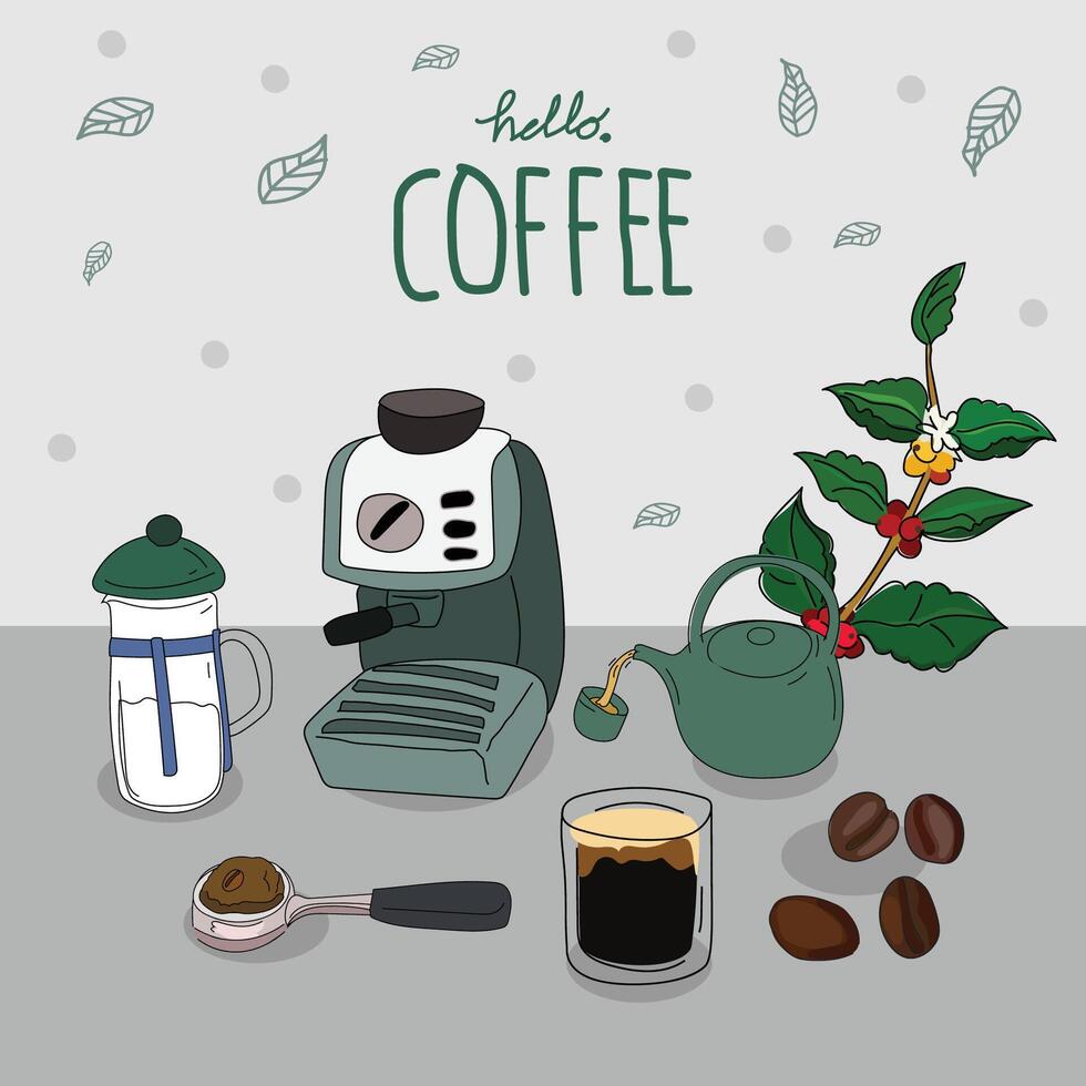 Kaffee Zeit Grafik Design Satz. Vektor Illustration.