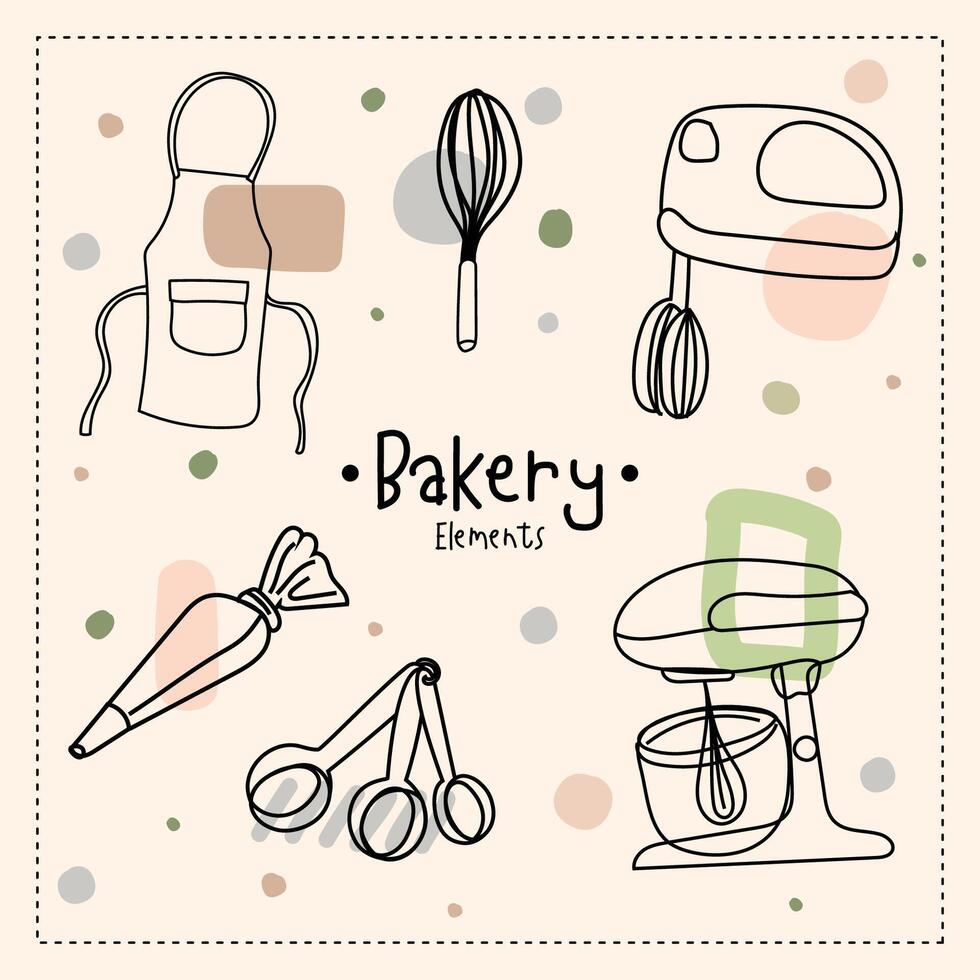 Küche Utensilien und Bäckerei Werkzeuge Gekritzel. Hand gezeichnet Vektor Illustration.