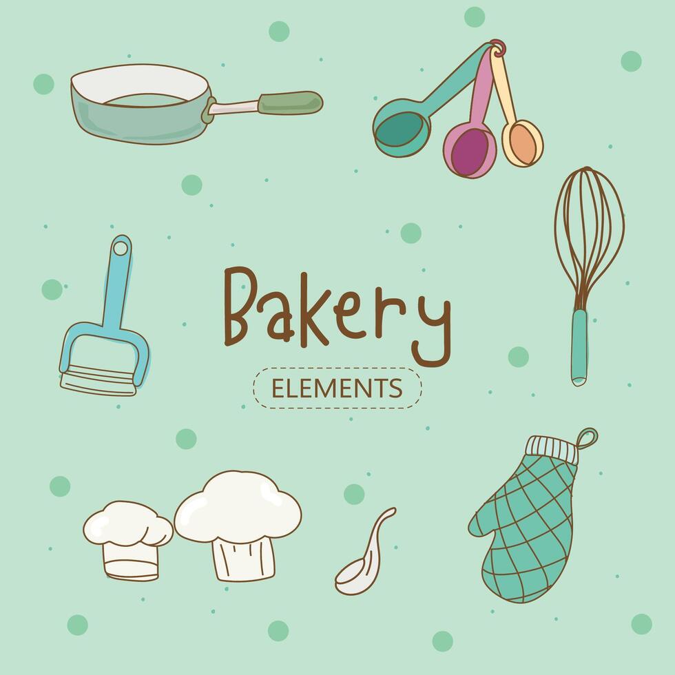 kök redskap och bageri verktyg klotter. hand dragen vektor illustration.