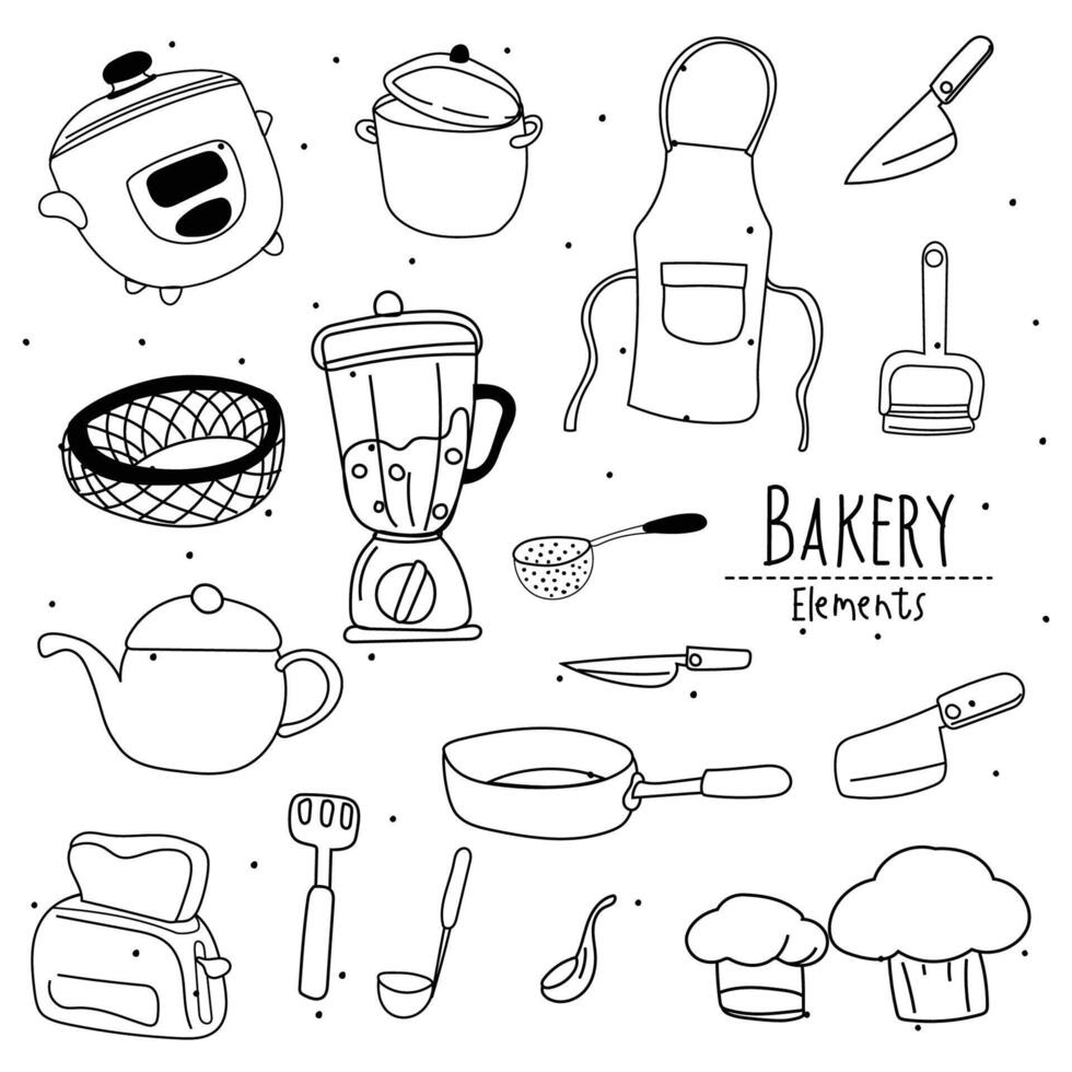 Küche Utensilien und Bäckerei Werkzeuge Gekritzel. Hand gezeichnet Vektor Illustration.