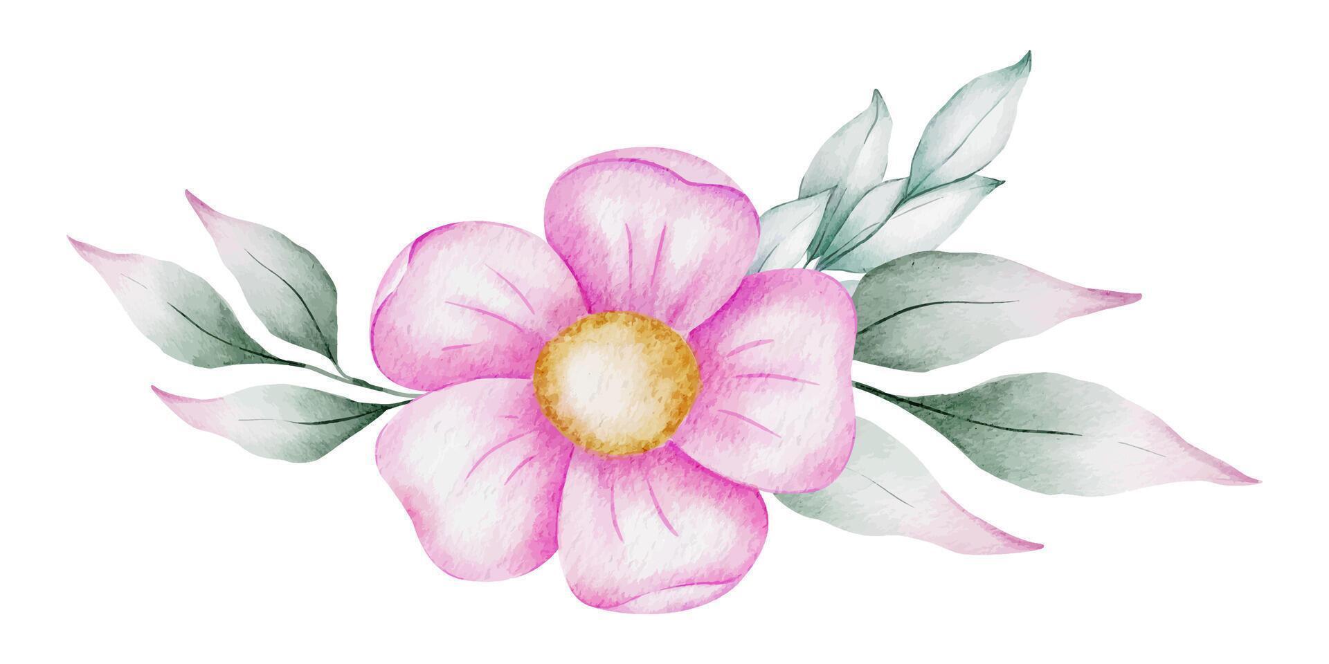 Rosa Blume mit Blätter. Hand gezeichnet Aquarell Illustration. zum Hochzeit Einladungen, Verpackung von Waren, Postkarte Design und Schreibwaren. vektor