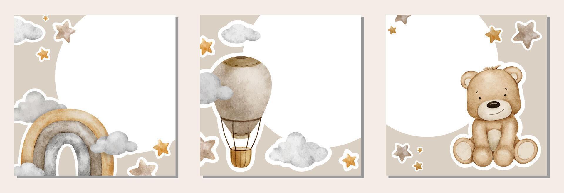 Beige heiß Luft Luftballons, Wolken und Sterne. Kinder- Hintergrund mit Baby Flugzeug. süß Aquarell isoliert Rahmen zum Kinder Waren, Postkarten, Baby Dusche und Kinder- Zimmer vektor