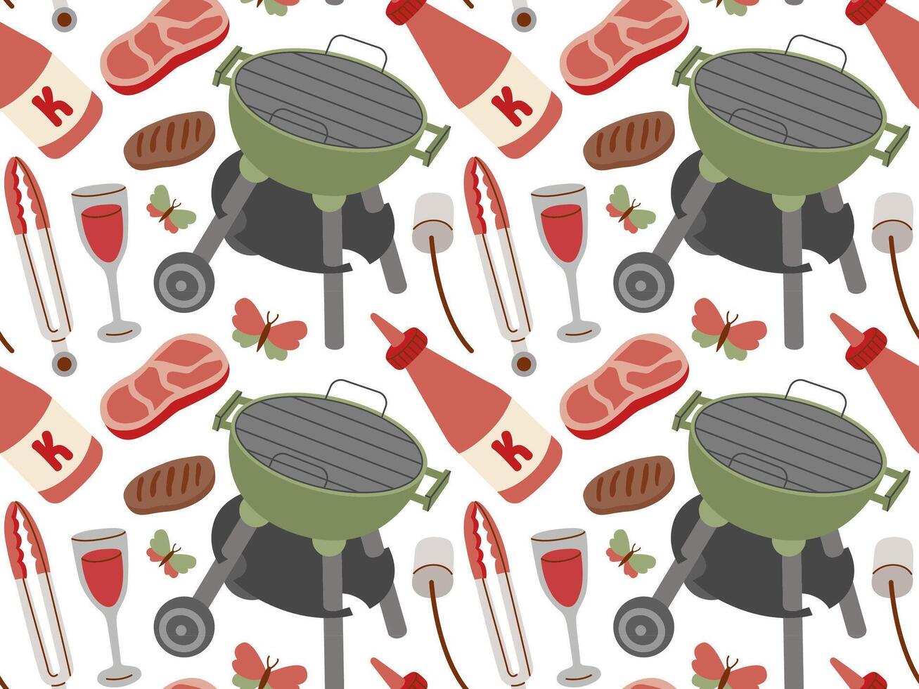 sommar och vår picknick sömlös mönster. Tillbehör för grill. mat och drycker vektor illustration på vit bakgrund.