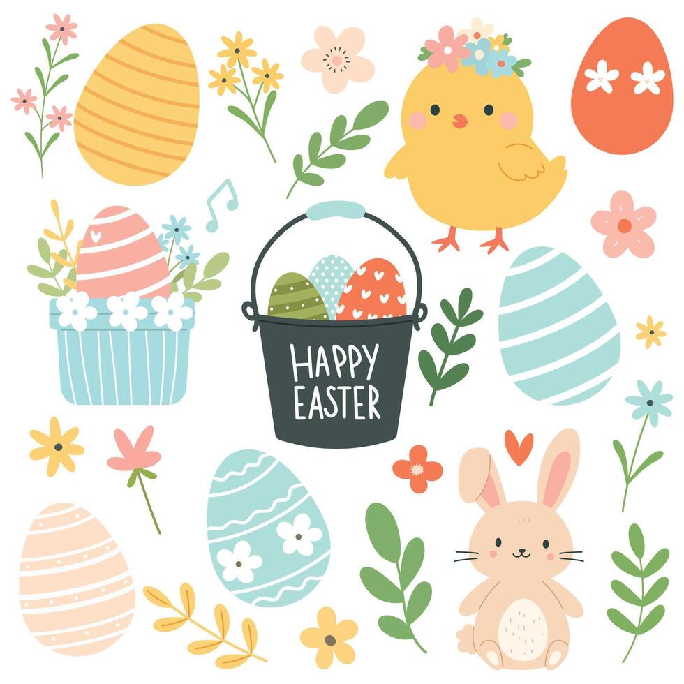 glücklich Ostern einstellen mit süß Küken und bunt Eier auf Weiß Hintergrund. Karikatur eben Vektor Urlaub Illustration