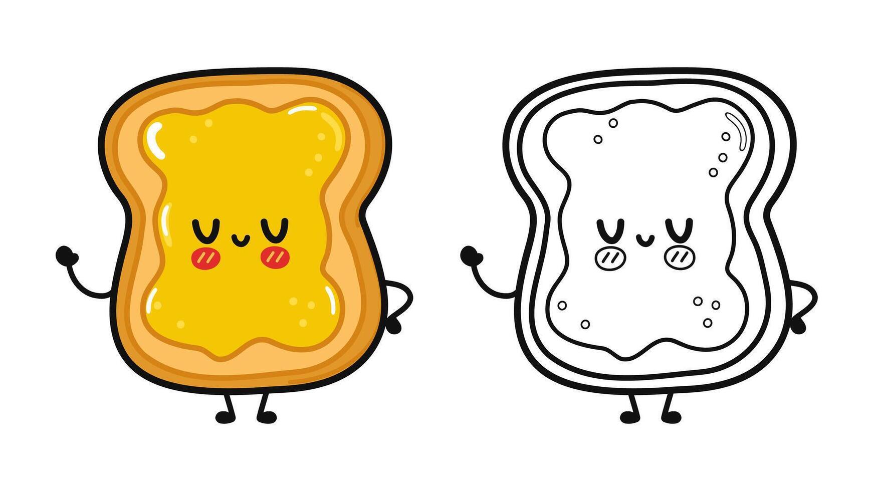 Toast mit Honig Zeichen bündeln Satz. Vektor Hand gezeichnet Karikatur kawaii Illustration. süß Toast mit Honig. Gliederung Karikatur Illustration zum Färbung Buch