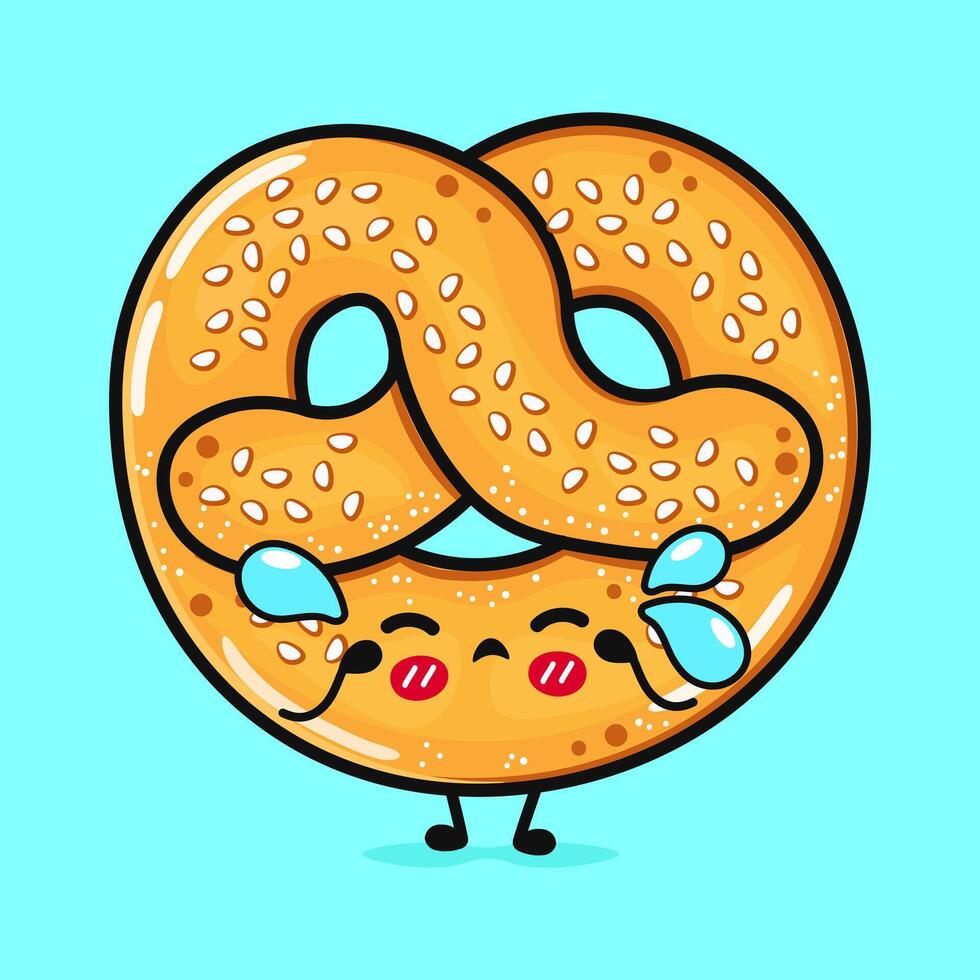 cying Französisch Brezel Aufkleber Charakter. Vektor Hand gezeichnet Karikatur kawaii Charakter Illustration Symbol. isoliert auf Blau Hintergrund. traurig Französisch Brezel Aufkleber Charakter Konzept