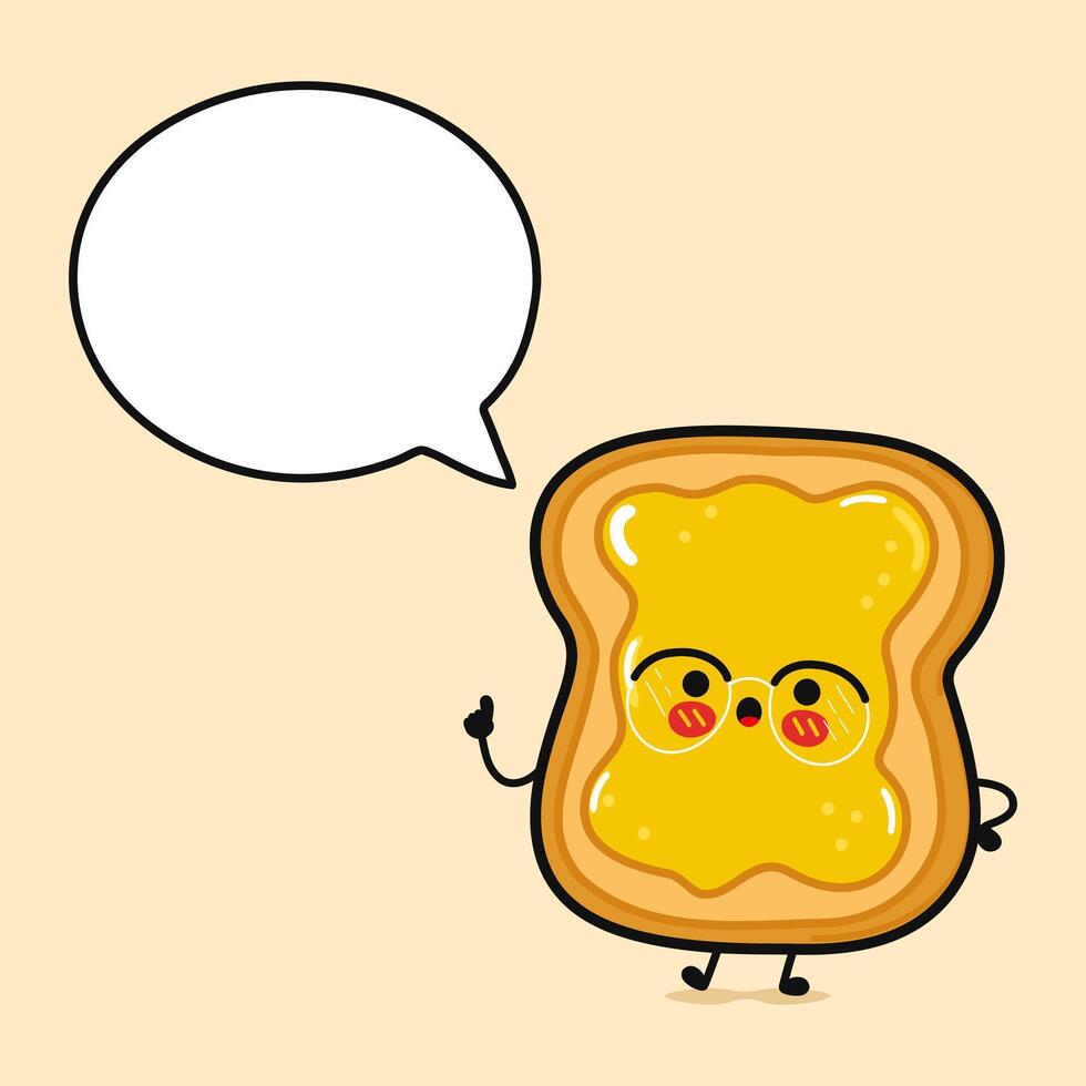 Toast mit Honig mit Rede Blase. Vektor Hand gezeichnet Karikatur kawaii Charakter Illustration Symbol. isoliert auf braun Hintergrund. Toast mit Honig Konzept