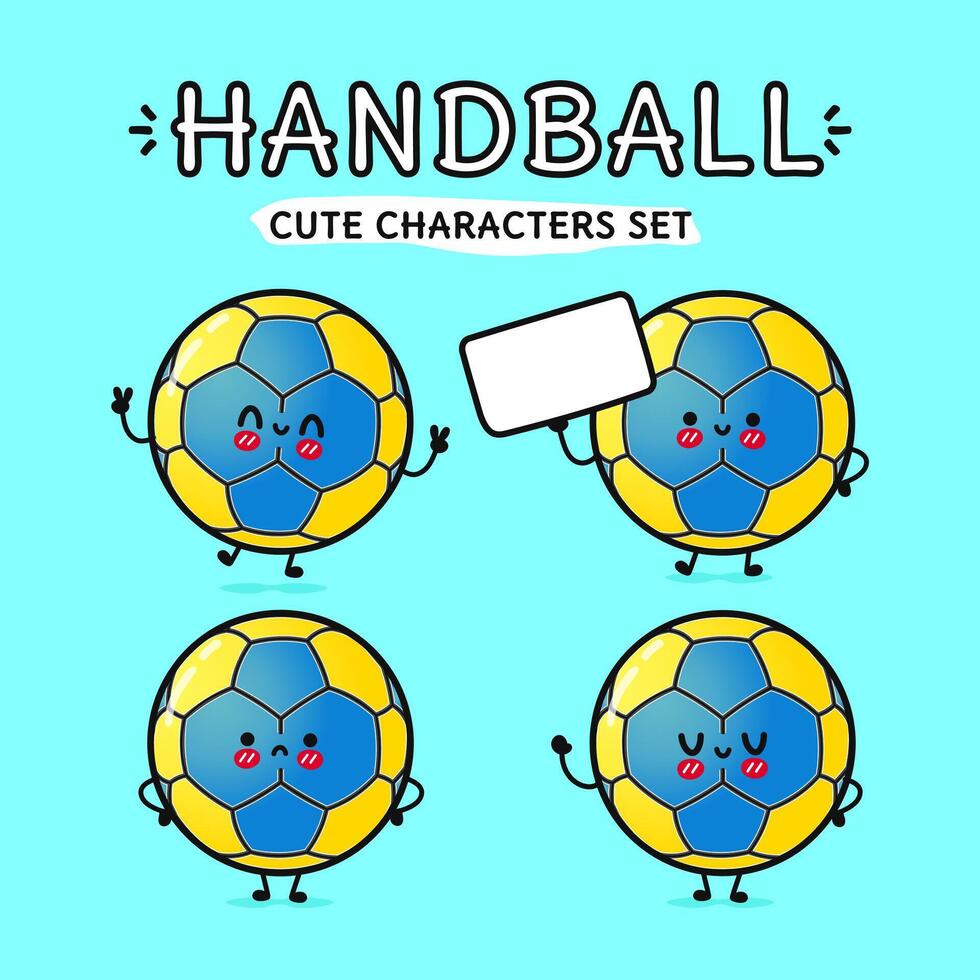 Lycklig handboll tecken bunt uppsättning. vektor hand dragen klotter stil tecknad serie karaktär illustration ikon design. isolerat på blå bakgrund. handboll boll maskot karaktär samling