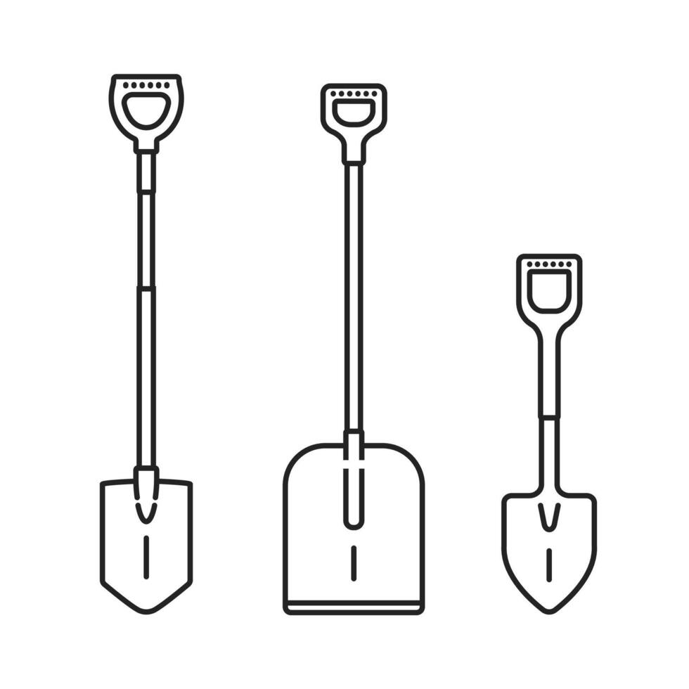 Schaufel Symbol Gliederung Satz. einfach Linien. Garten Schaufel Symbole. isoliert auf Weiß Hintergrund. vektor