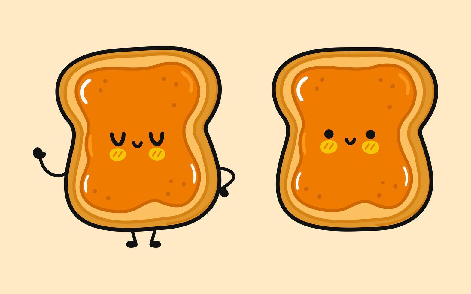 süß komisch Toast Stück von Brot mit Erdnuss Butter. Vektor Hand gezeichnet Karikatur kawaii Charakter Illustration Symbol. isoliert braun Hintergrund. Toast Stück von Brot mit Erdnuss Butter Charakter Konzept