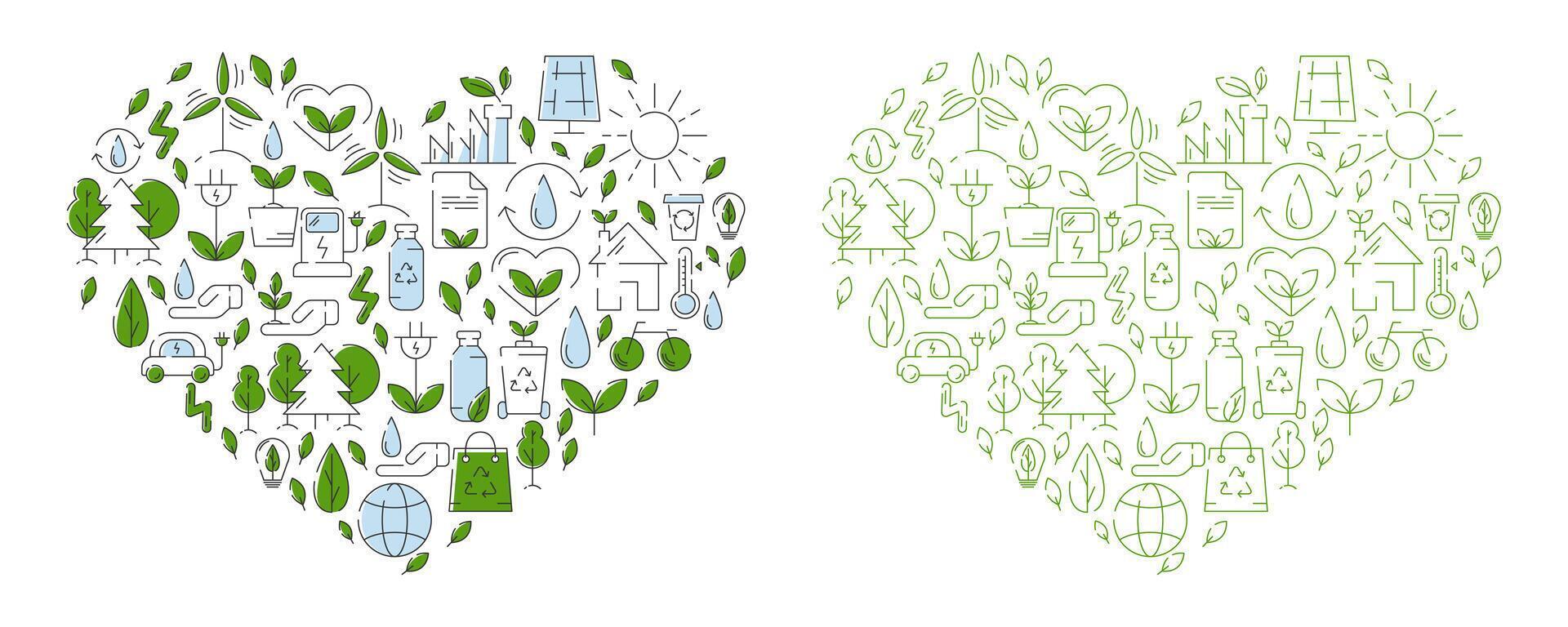 Grün Öko freundlich Herz gefüllt mit Ökologie Symbole und Zeichen. Vektor Illustration, Design Element. Ökologie Konzept, Recycling Nachhaltigkeit, verlängerbar Energie, Netz Null Emissionen durch 2050