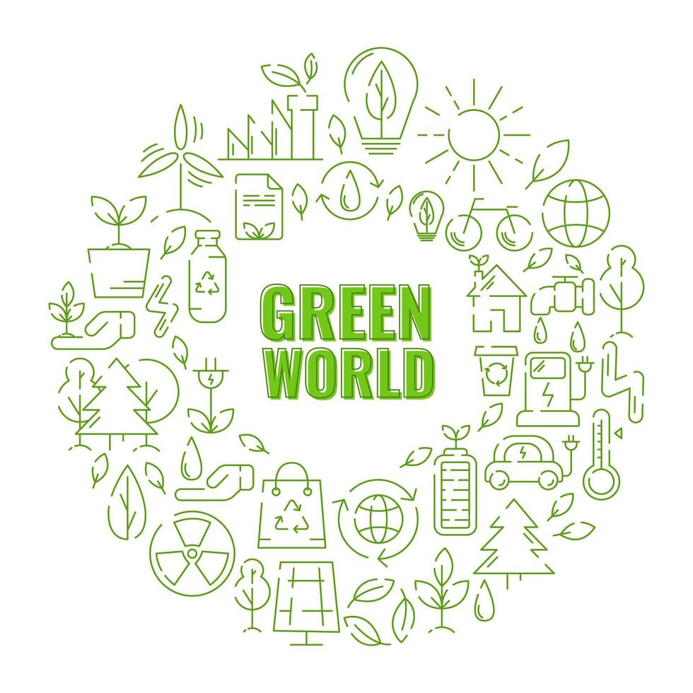 ekologi, runda design, med text grön värld, linje ikoner. ekologi miljö förbättring, hållbarhet, återvinna, förnybar energi. eco vänlig vektor. begrepp av netto noll utsläpp förbi 2050. vektor