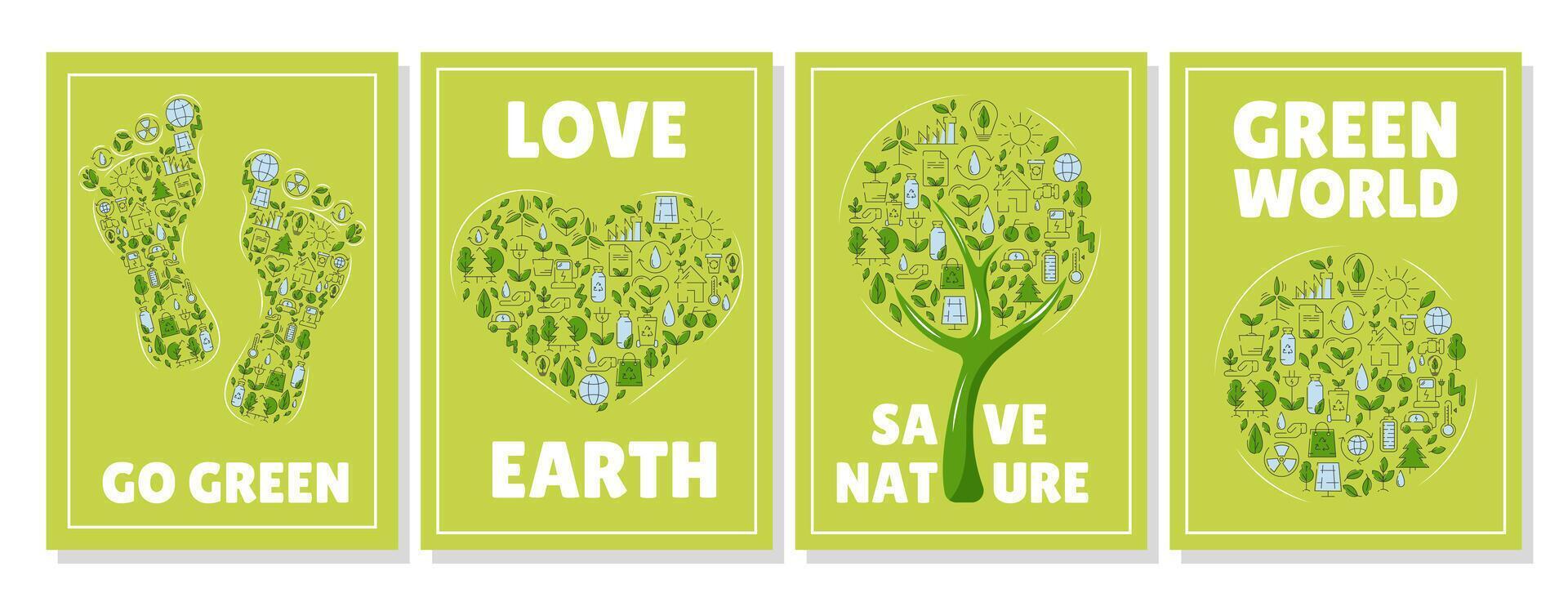 uppsättning av ekologi affischer, grön eco vänlig träd, hjärta, fotavtryck, runda fylld med ekologisk vektor ikoner. ekologi begrepp, återvinning hållbarhet, förnybar energi, netto noll utsläpp förbi 2050