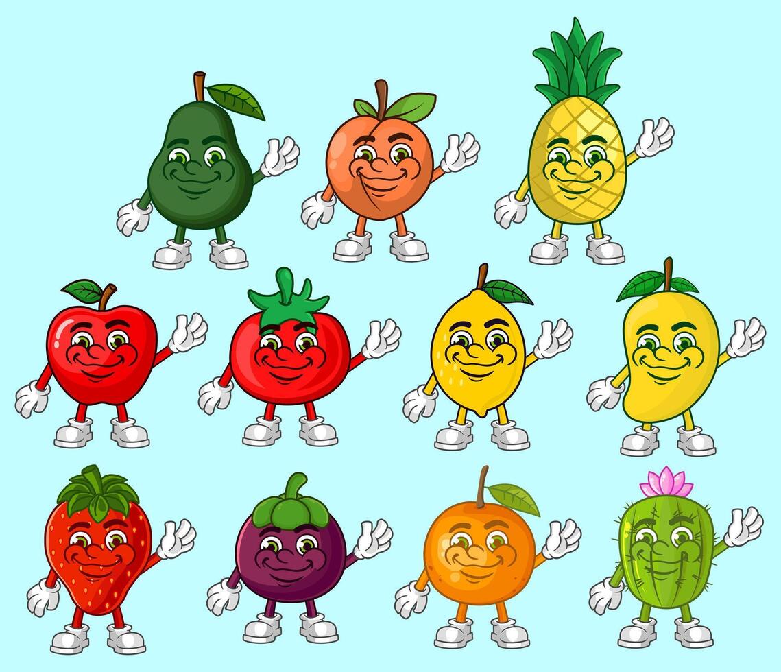 vektor uppsättning av frukt tecknad serie karaktär maskot design