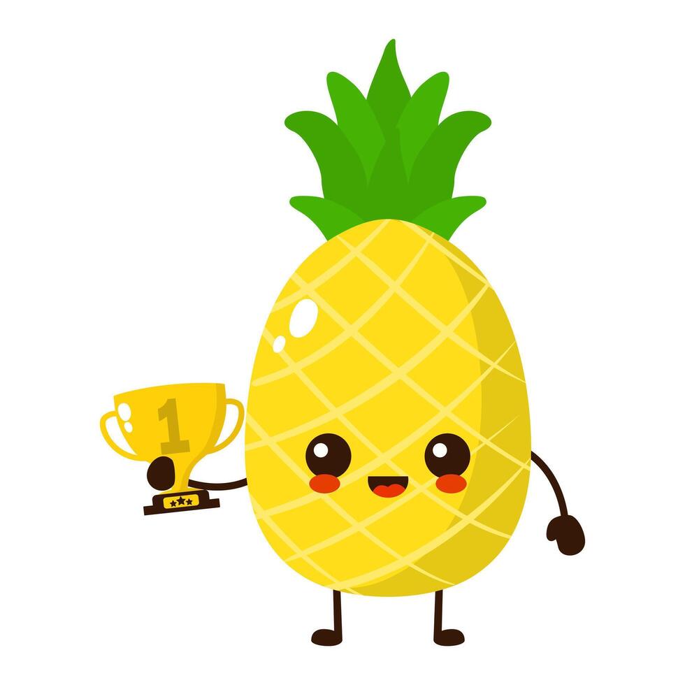 süß glücklich Ananas Obst mit Gold Trophäe. Vektor eben Obst Karikatur Charakter Illustration Symbol Design
