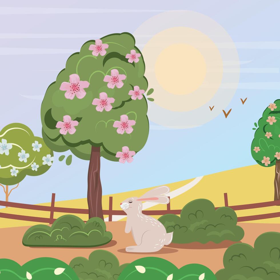 Frühling Sommer Landschaft mit ein Hase im Vorderseite und fliegend zurück Vögel vektor