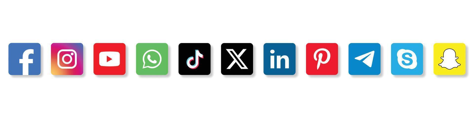 social media ikoner. realistisk social media logotyp samling. uppsättning populär social media ikoner. Facebook, Instagram, Youtube, Tick tack, whatsapp, x och Mer vektor