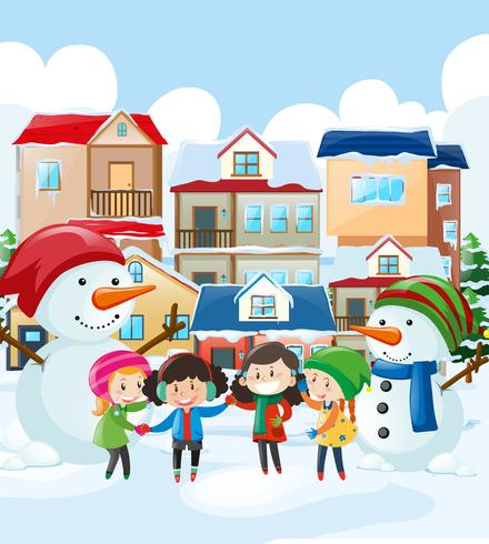 Barn och snögubbe i byn vektor