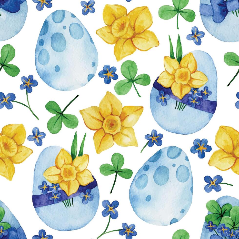 Aquarell nahtlos Muster, Ostern Eier und Frühling Blumen auf ein Weiß Hintergrund vektor