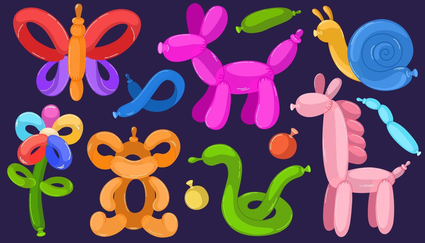 Ballon Haustiere Satz. Karikatur Helium Tier Figuren, bunt Blase Tiere. Spielzeuge zum Kinder Festival, Geburtstag Party. Unterhaltung Ausrüstung, Schmetterling, Blume, Haustiere. Vektor Hand zeichnen Illustration