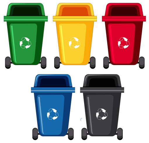 Abfallbehälter in fünf verschiedenen Farben vektor