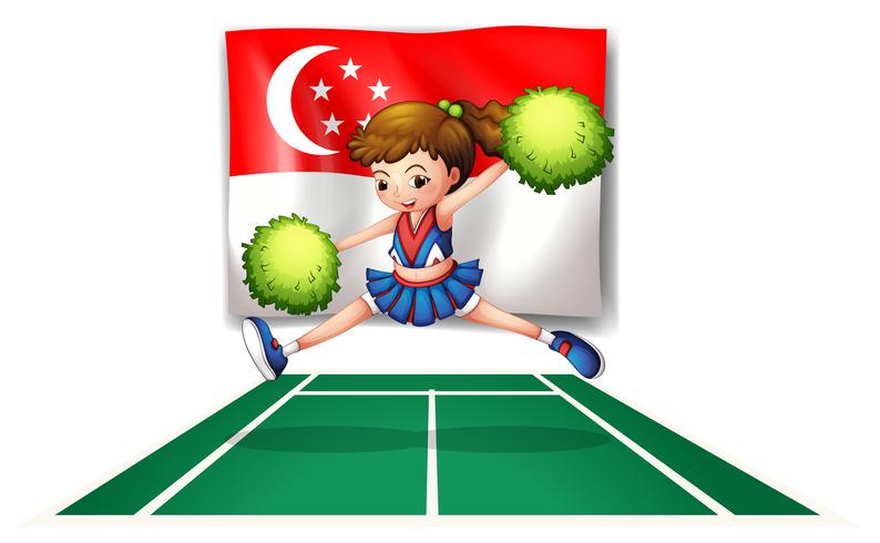 Eine Cheerleaderin mit grünen Pompons und der Flagge von Singapur vektor