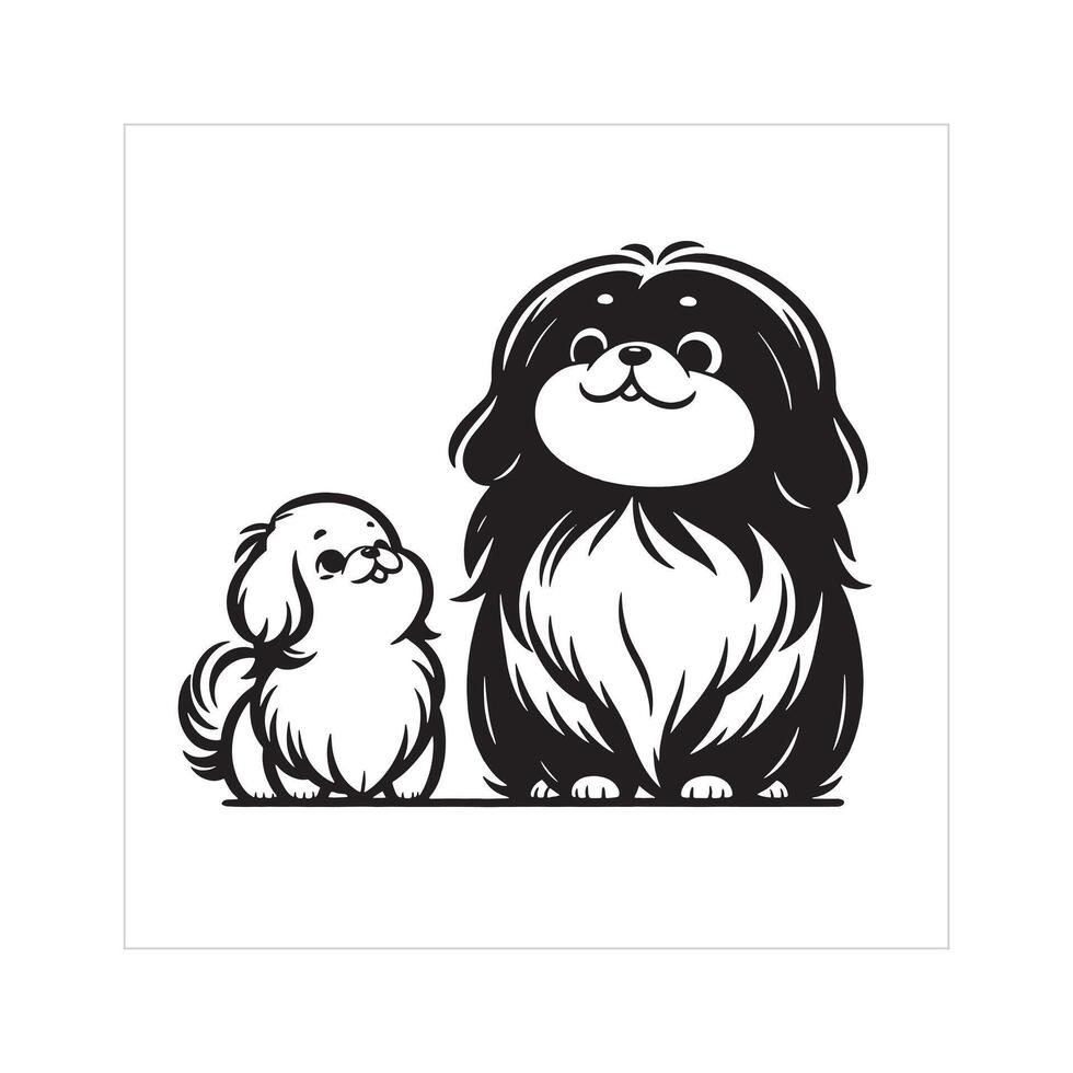 ai genererad pekingese hund familj ClipArt illustration i svart och vit vektor