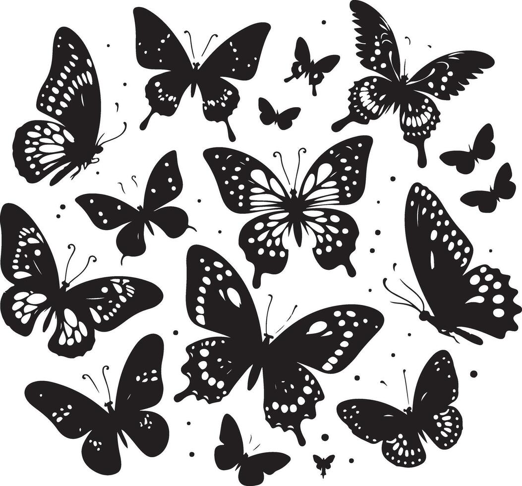 Schmetterlinge und Blumen, Muster mit Schmetterlinge, einstellen von Schmetterlinge, fliegend Schmetterlinge Silhouette schwarz einstellen isoliert auf Weiß Hintergrund vektor