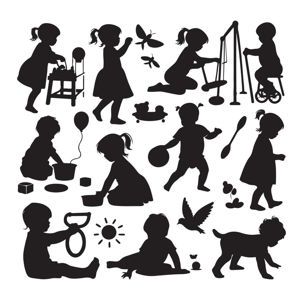 Kleinkind Kind Aktivität Silhouetten Illustration, einstellen von Kinder spielen mit Spielzeuge vektor