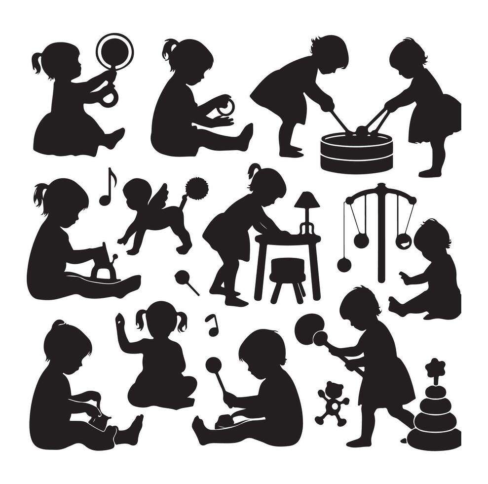 litet barn barn aktivitet silhuetter illustration, uppsättning av barn spelar med leksaker vektor