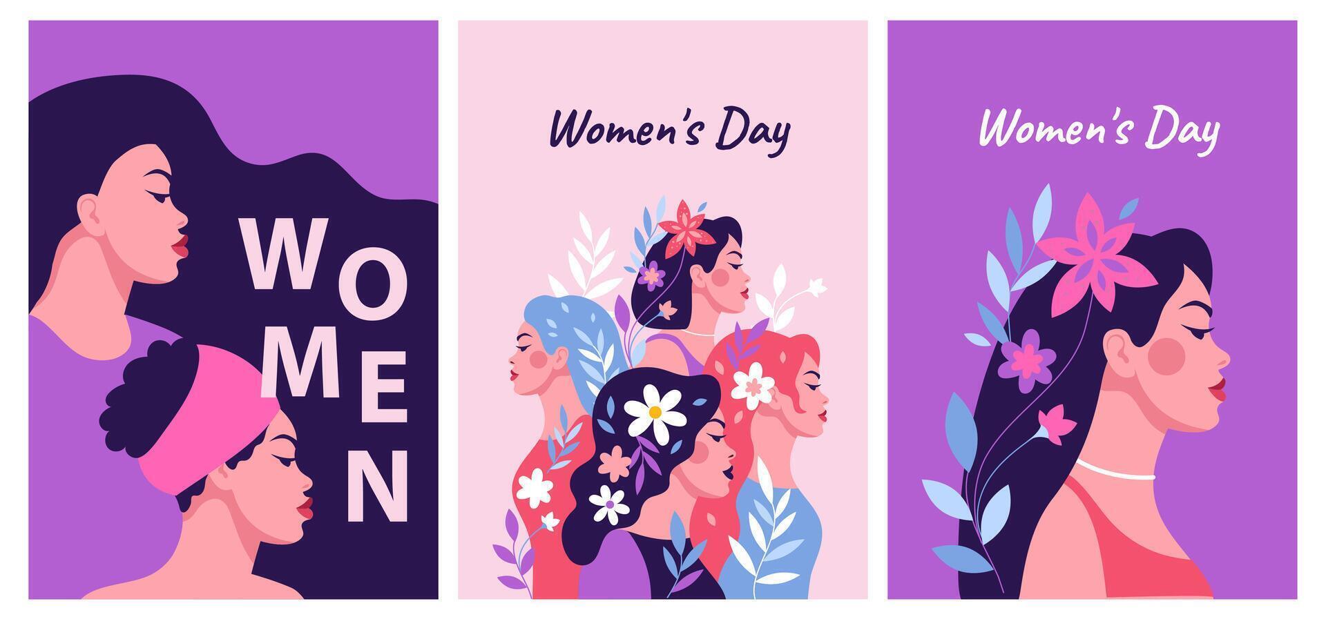 en uppsättning av vykort. skön kvinnor med blommor i deras hår. sida se av de flickor. internationell kvinnors dag. jämlikhet och feminism vektor