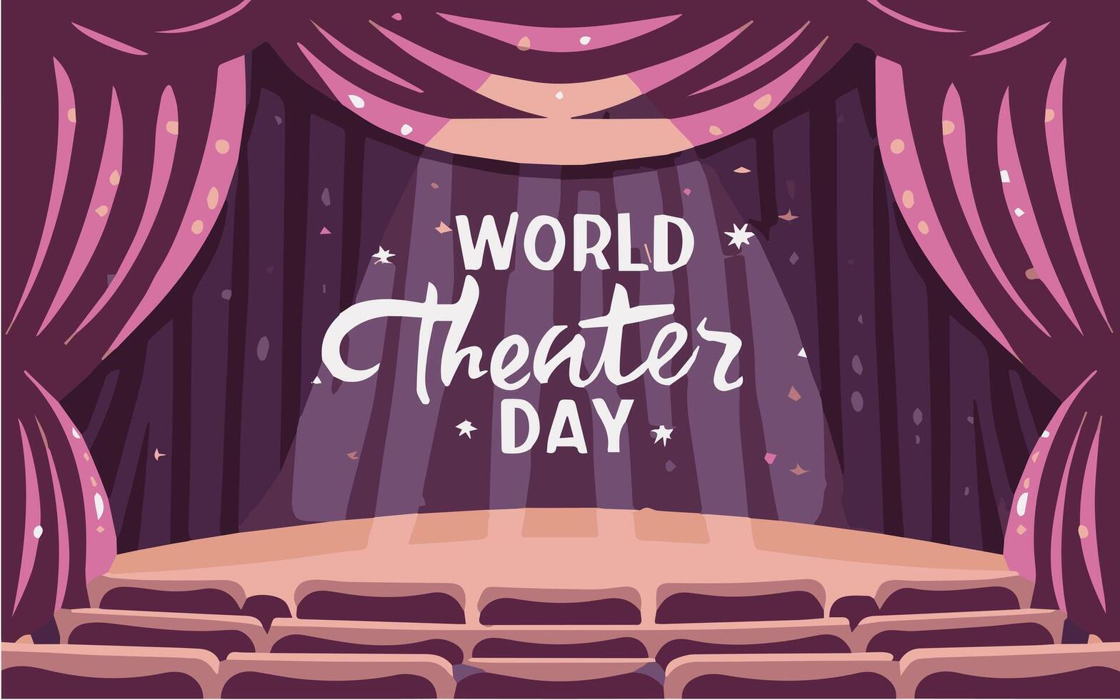 värld teater dag, Mars 27, konceptuell hälsning kort, med ridå och skede med röd sammet ridå. värld teater dag baner design vektor