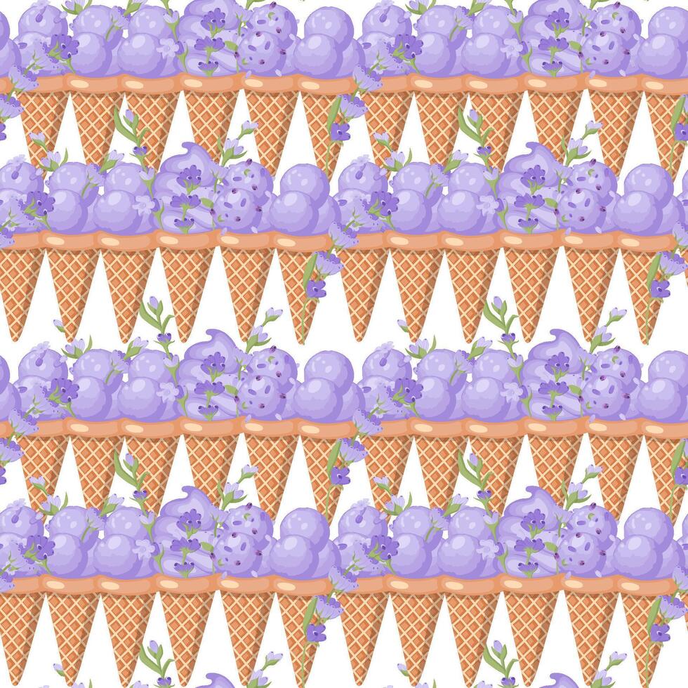 Lavendel Eis Creme. drei Schaufeln von cremig Süss Dessert im ein Waffel Kegel. lila Sorbet. nahtlos Muster. Vektor Illustration.