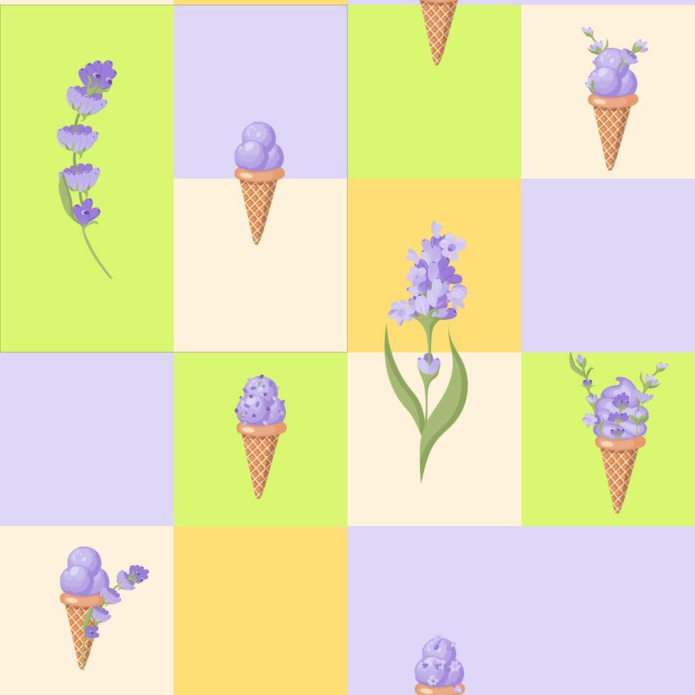 lavendel- is grädde. tre skopor av krämig ljuv efterrätt i en våffla kon. lila sorbet. sömlös mönster. vektor illustration.