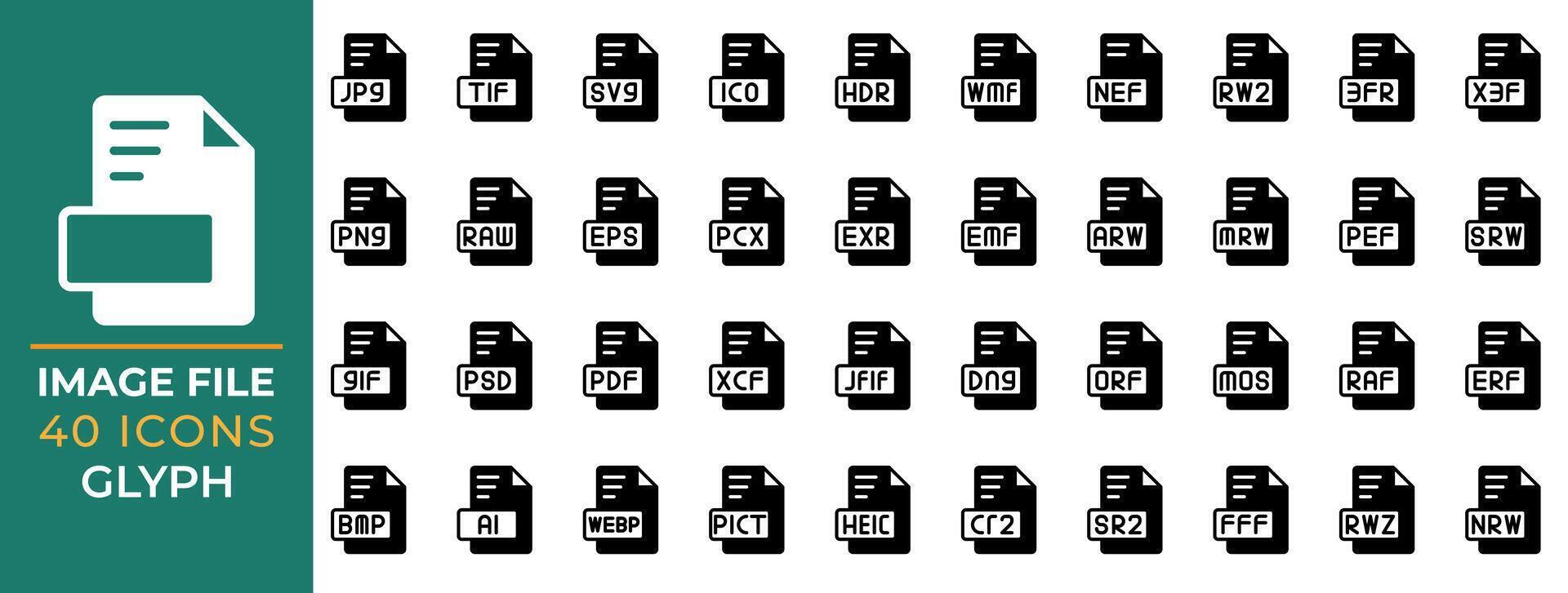 uppsättning fil typ bild ikoner, glyf stil formatera data förlängning ikoner samling. vektor illustrationer