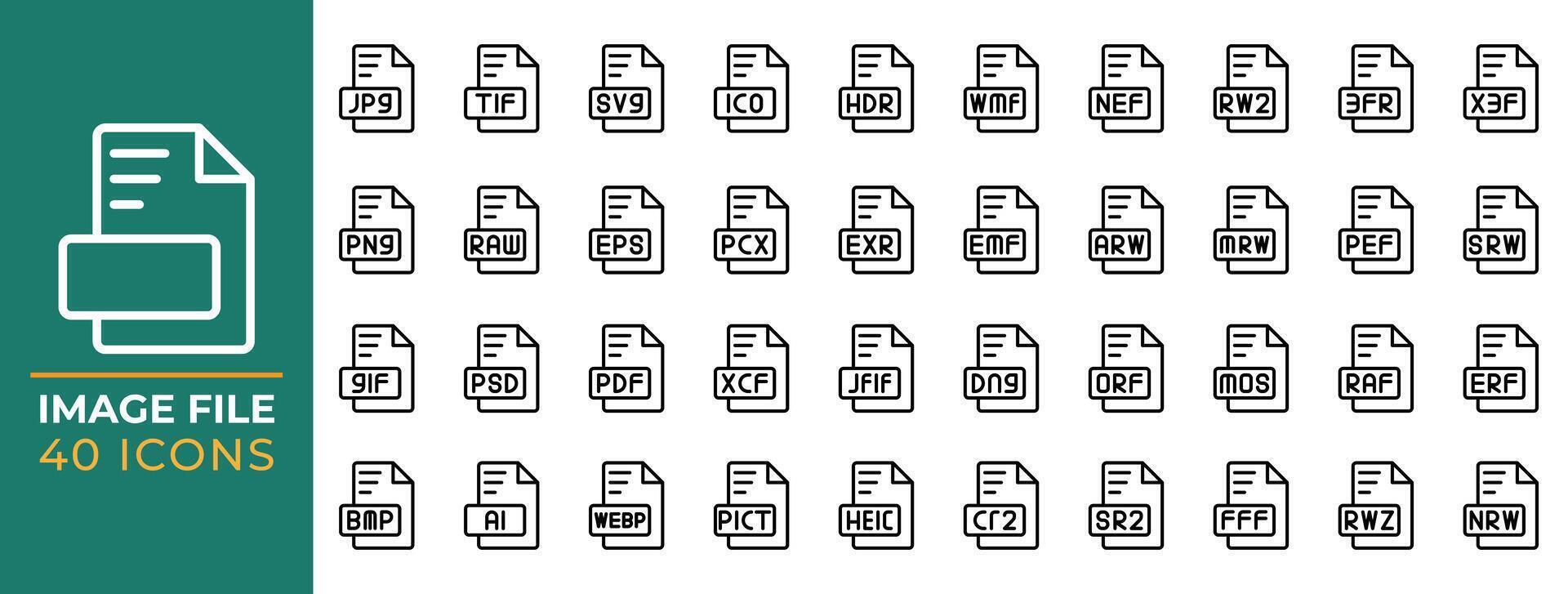 einstellen Art Symbol Bild Datei, Erweiterung Daten Format, Gliederung Stil Design Symbole, Vektor Illustration Grafik.