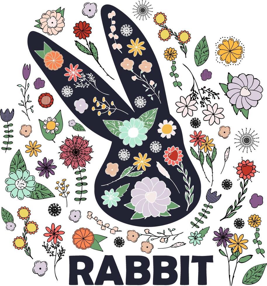 vår blommor i kanin silhuett. klotter kontur färgad uppsättning av blommor. text kanin på en vit bakgrund. vår påsk tid. vektor illustration.