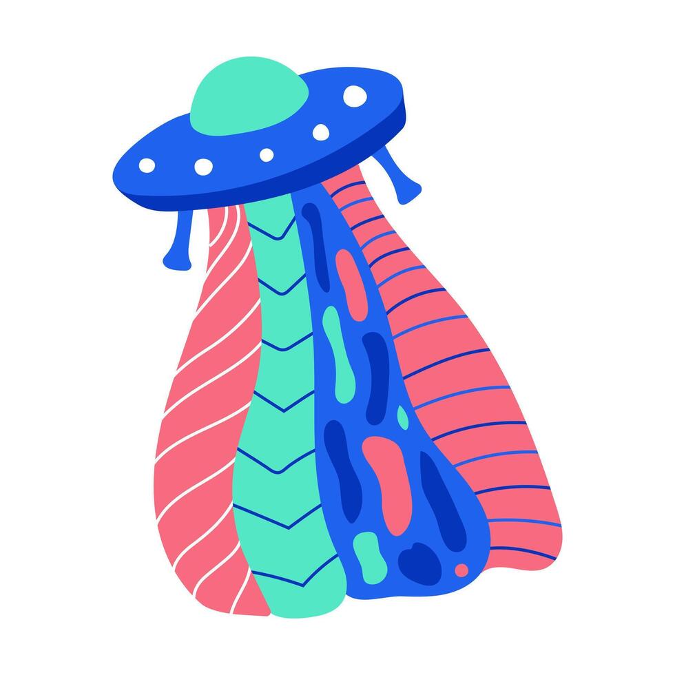 psychedelic ufo. isolerat utomjording fartyg. flygande fat med abstrakt ljus och fläckar på en vit bakgrund. Plats fantasi. syra färger psykopat. vektor illustration.