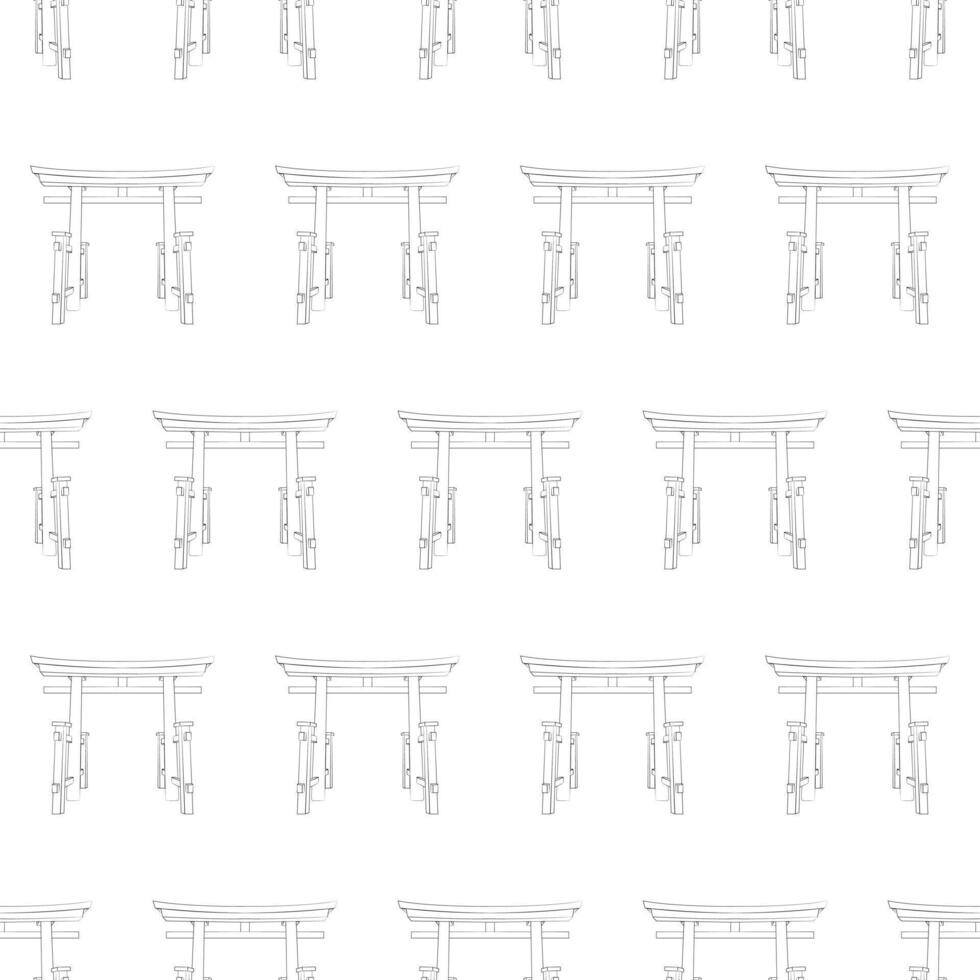 nahtlos Muster von Kontur torii Tore. uralt Eingang zu das japanisch Tempel. handgemalt Bild. Reise zu Japan. linear Vektor Illustration.