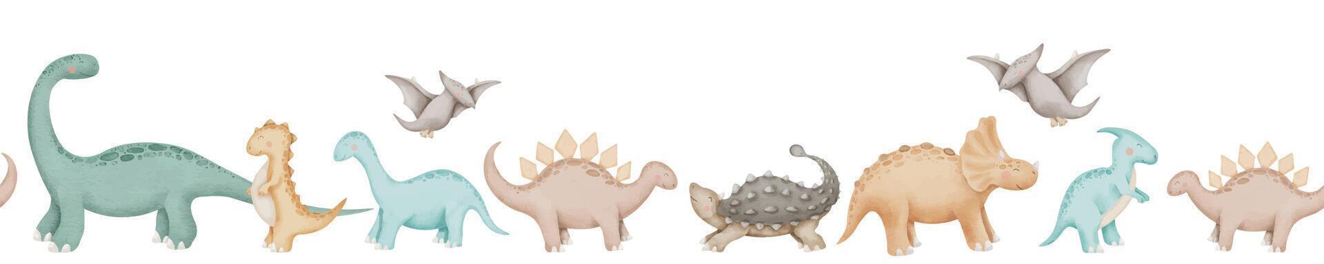 dinosaurie sömlös gräns vattenfärg illustration. hand dragen bebis dino på isolerat bakgrund. teckning av söt tecknad serie tecken för kort. förhistorisk djur skiss för ungar. för en ram eller mönster. vektor